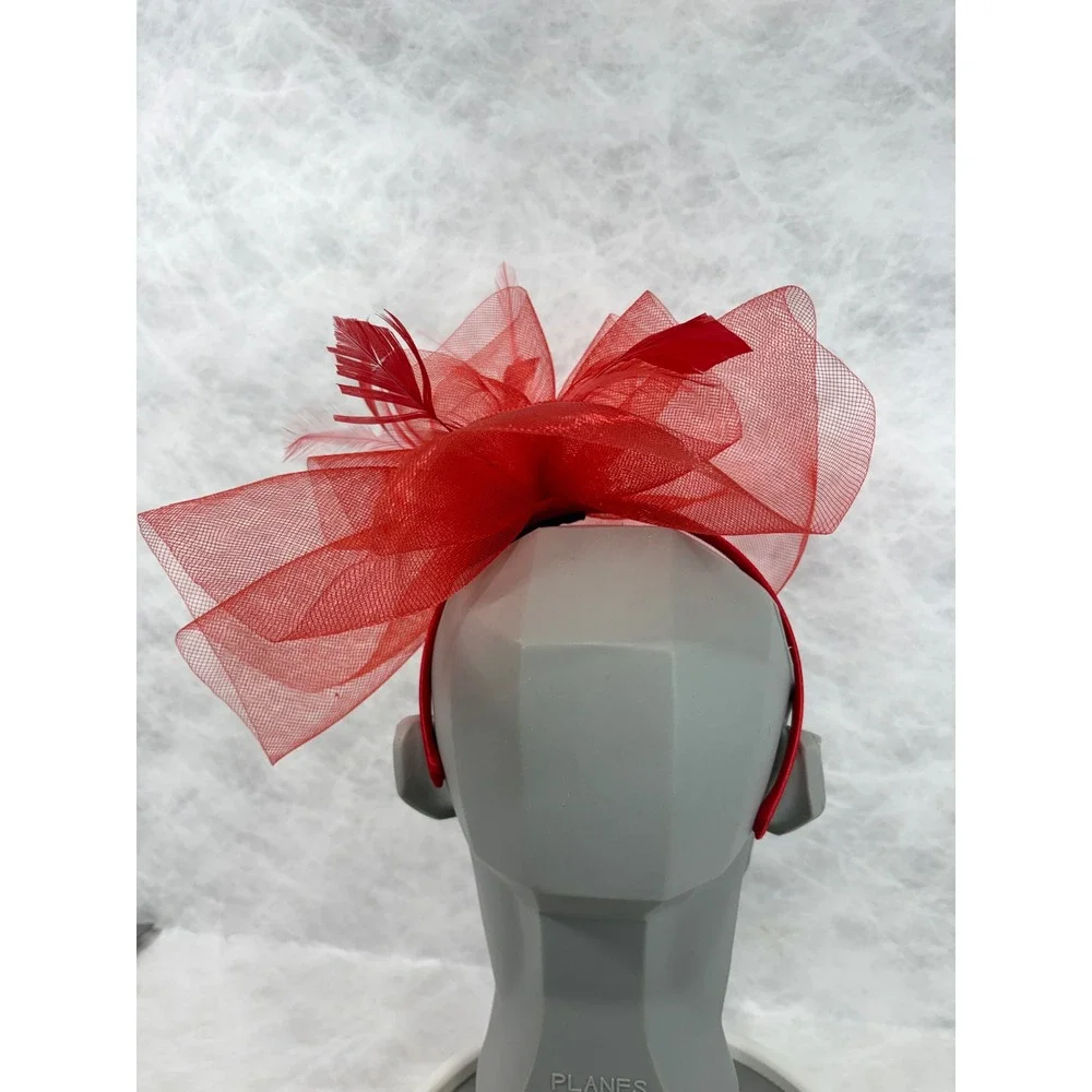 Bellissima‎ Millinery Red Fascinator Headband Mesh Feather Kentucky Derby Hat